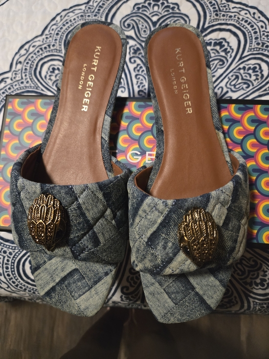 Kurt Geiger Shoes - Kurt Geiger Quilted Denim Slide Mules with Gold Emblem